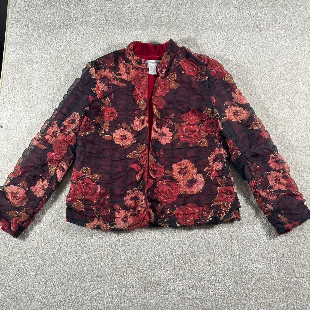 Whimsigoth Velvet Lined Coldwater Creek Womens Red Floral Ruched Jacket size PM